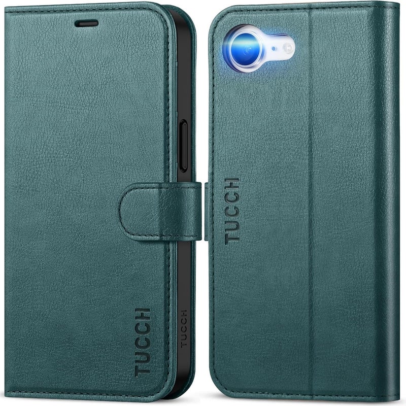 TUCCH Wallet Case for iPhone 16e, Magnetic PU Leather Kickstand Flip Cover with 4 Card Slot Shockproof TPU Interior Shell, [RFID Blocking] Folio Case Compatible with iPhone 16e 5G, Teal Blue - Image 1